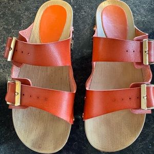 Mia Gold Studded Sandals – Orange Leather, Adjustable, Size 8